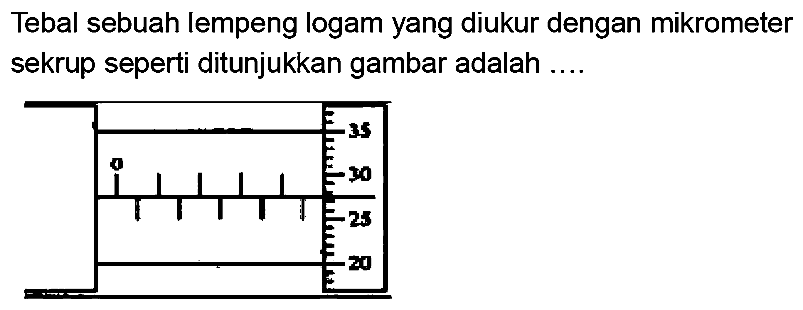 Tebal sebuah lempeng logam yang diukur dengan mikrometer sekrup seperti ditunjukkan gambar adalah 0 35 30 25 20