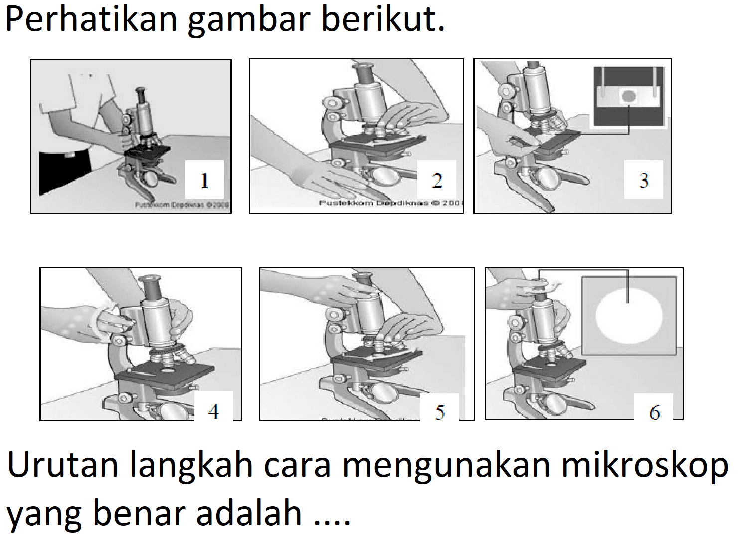 Perhatikan gambar berikut.
Urutan langkah cara mengunakan mikroskop yang benar adalah ....