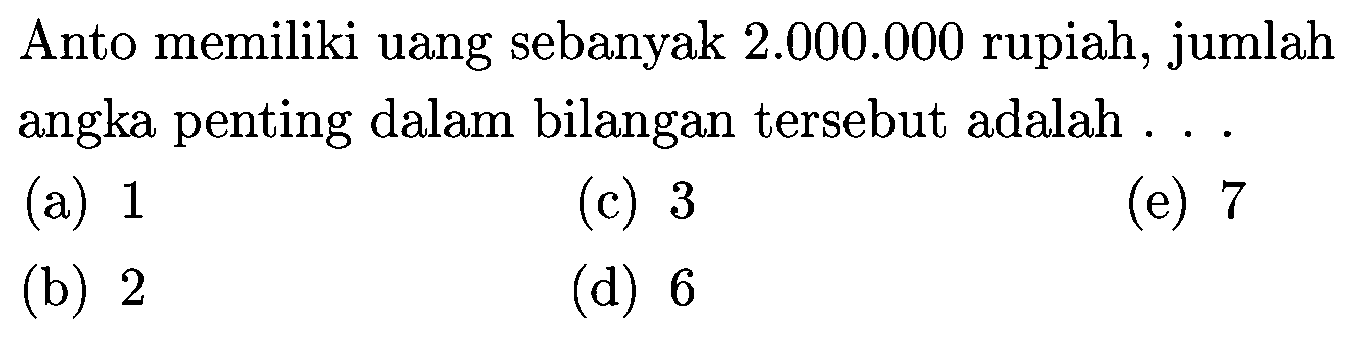 Anto memiliki uang sebanyak 2.000.000 rupiah, jumlah angka penting dalam bilangan tersebut adalah . . .
