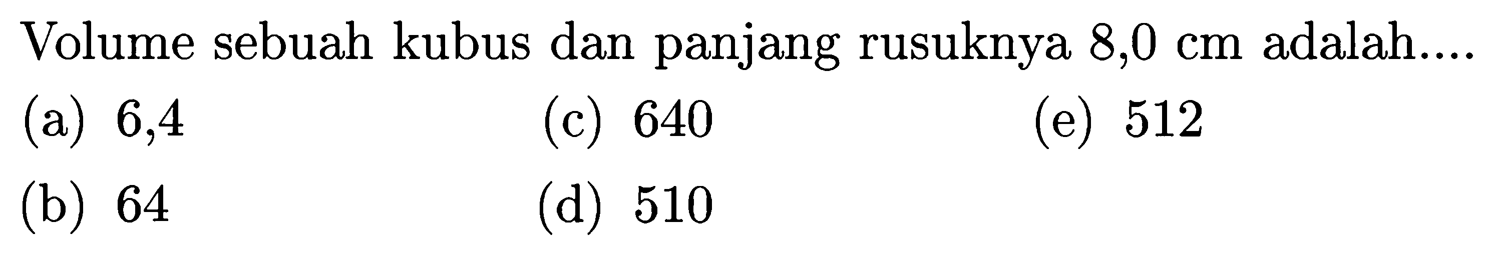 Volume sebuah kubus dan panjang rusuknya 8,0 cm adalah....
