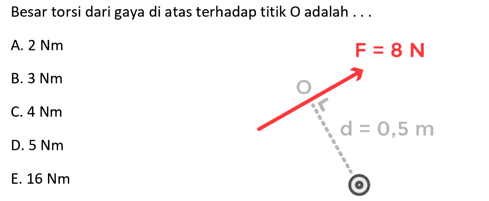 Besar torsi dari gaya di atas terhadap titik O adalah F = 8 N O d = 0,5 m  
A. 2 Nm B. 3 Nm C. 4 Nm D. 5 Nm E. 16 Nm