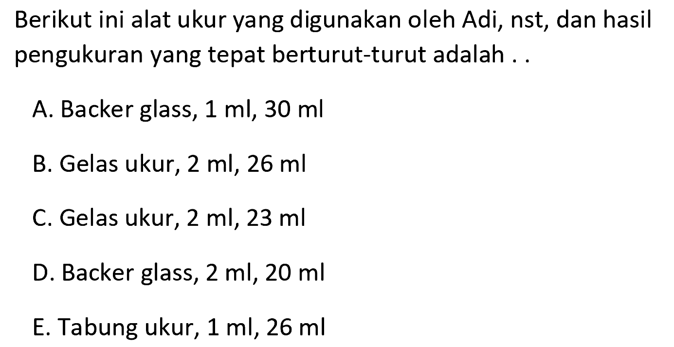 Berikut ini alat ukur yang digunakan oleh Adi, nst, dan hasil pengukuran yang tepat berturut-turut adalah . .
A. Backer glass, 1 ml, 30 ml B. Gelas ukur, 2 ml, 26 ml C. Gelas ukur, 2 ml, 23 ml D. Backer glass, 2 ml, 20 ml E. Tabung ukur, 1 ml, 26 ml