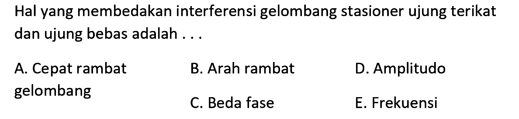 Hal yang membedakan interferensi gelombang stasioner ujung terikat dan ujung bebas adalah ...
A. Cepat rambat
B. Arah rambat
D. Amplitudo gelombang
C. Beda fase
E. Frekuensi