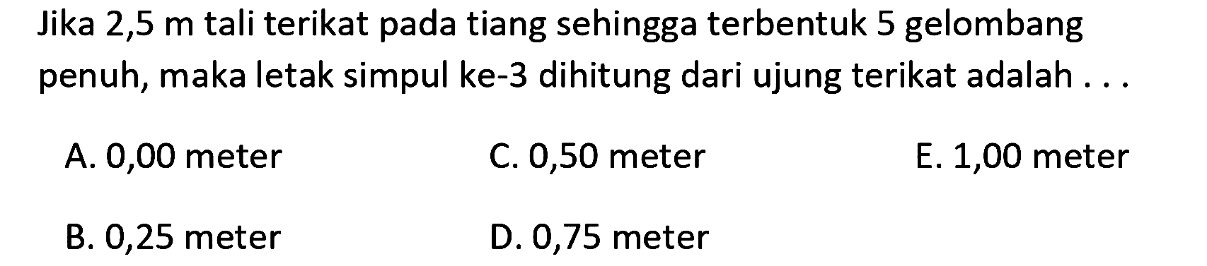 Jika 2,5 m tali terikat pada tiang sehingga terbentuk 5 gelombang penuh, maka letak simpul ke-3 dihitung dari ujung terikat adalah ...
A. 0,00 meter
C. 0,50 meter
E. 1,00 meter
B. 0,25 meter
D. 0,75 meter