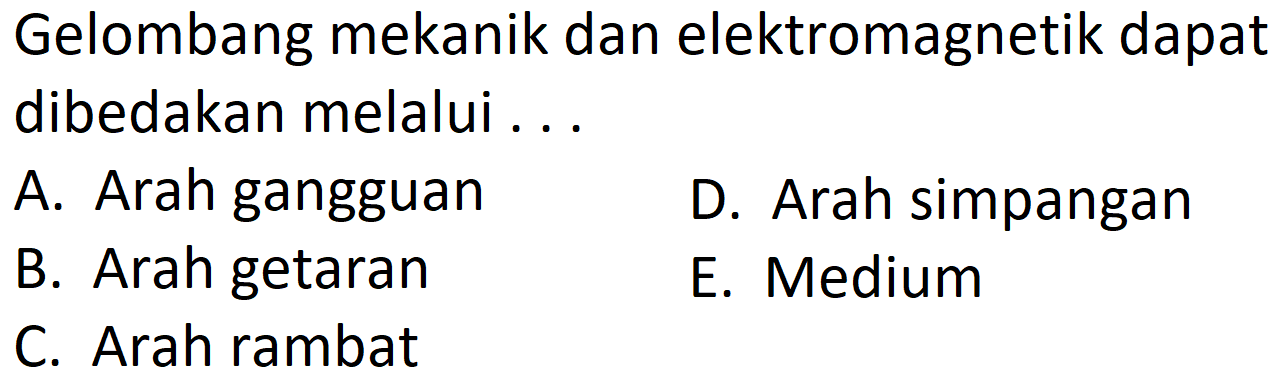 Gelombang mekanik dan elektromagnetik dapat dibedakan melalui ...