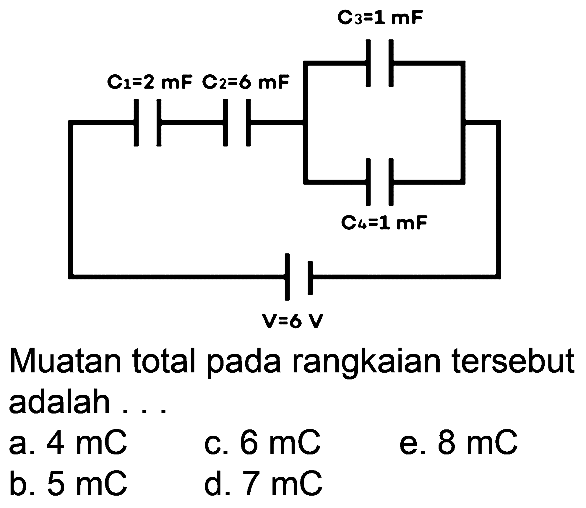 C1=2 mF C2=6 mF C3=1 mF C4=1 mF V=6V 
Muatan total pada rangkaian tersebut adalah ... 