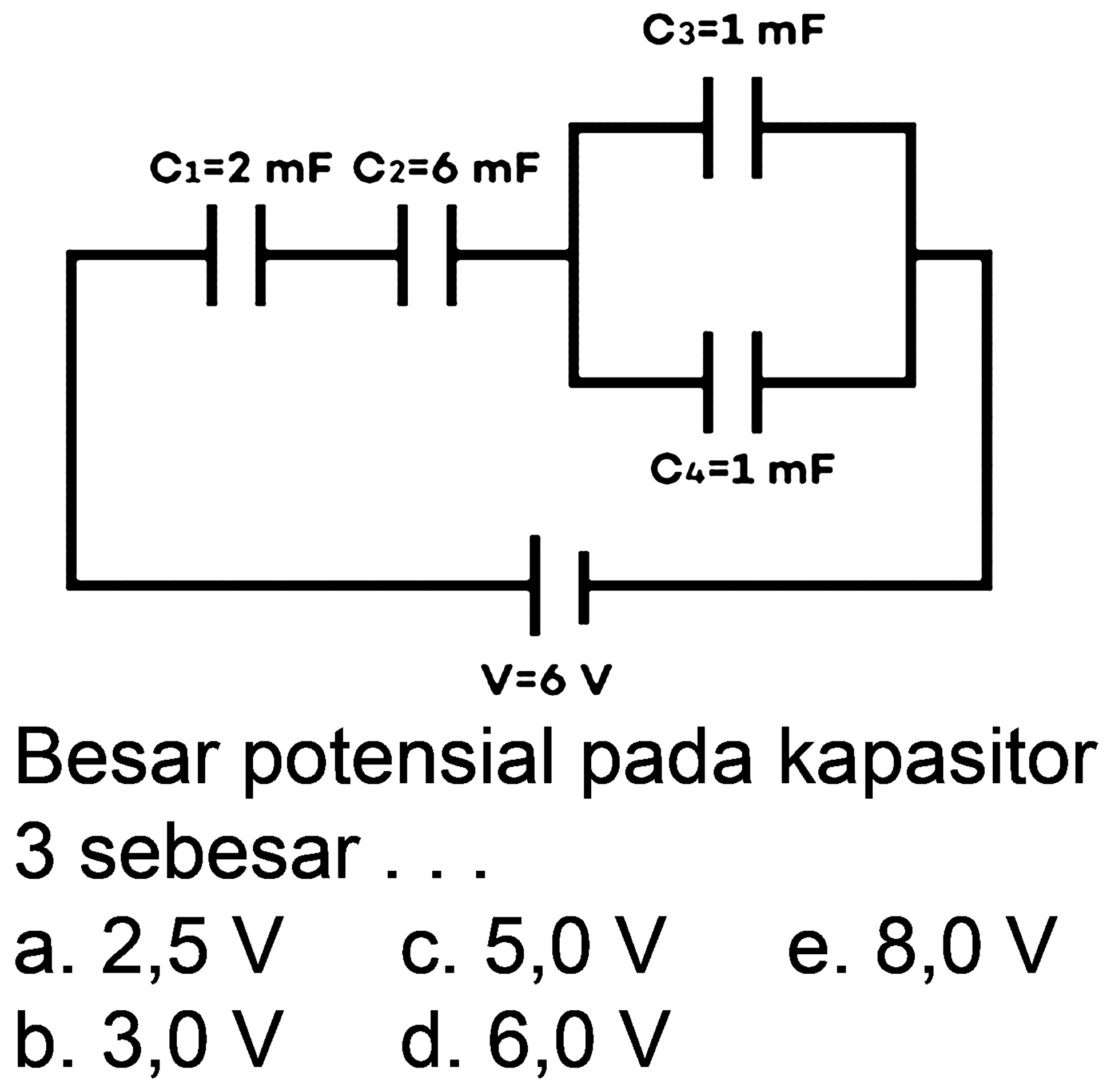 C1 = 2 mF 
C2 = 6 mF 
C3 = 1 mF 
C4 = 1 mF 
V = 6 V 
Besar potensial pada kapasitor 3 sebesar ...