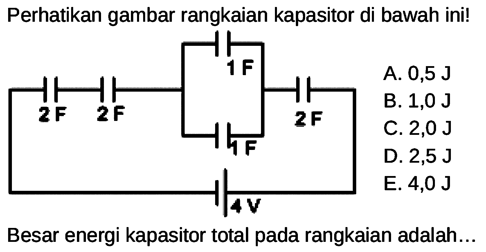 Perhatikan gambar rangkaian kapasitor di bawah ini!Besar energi kapasitor total pada rangkaian adalah...