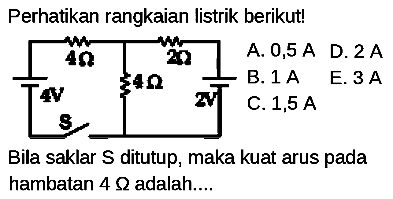 Perhatikan rangkaian listrik berikut! 4ohm 2ohm 4ohm 4V 2V S  Bila saklar S ditutup, maka kuat arus pada hambatan  4 ohm adalah.... A. 0,5 A B. 1 A C. 1,5 A D. 2 A E. 3 A 