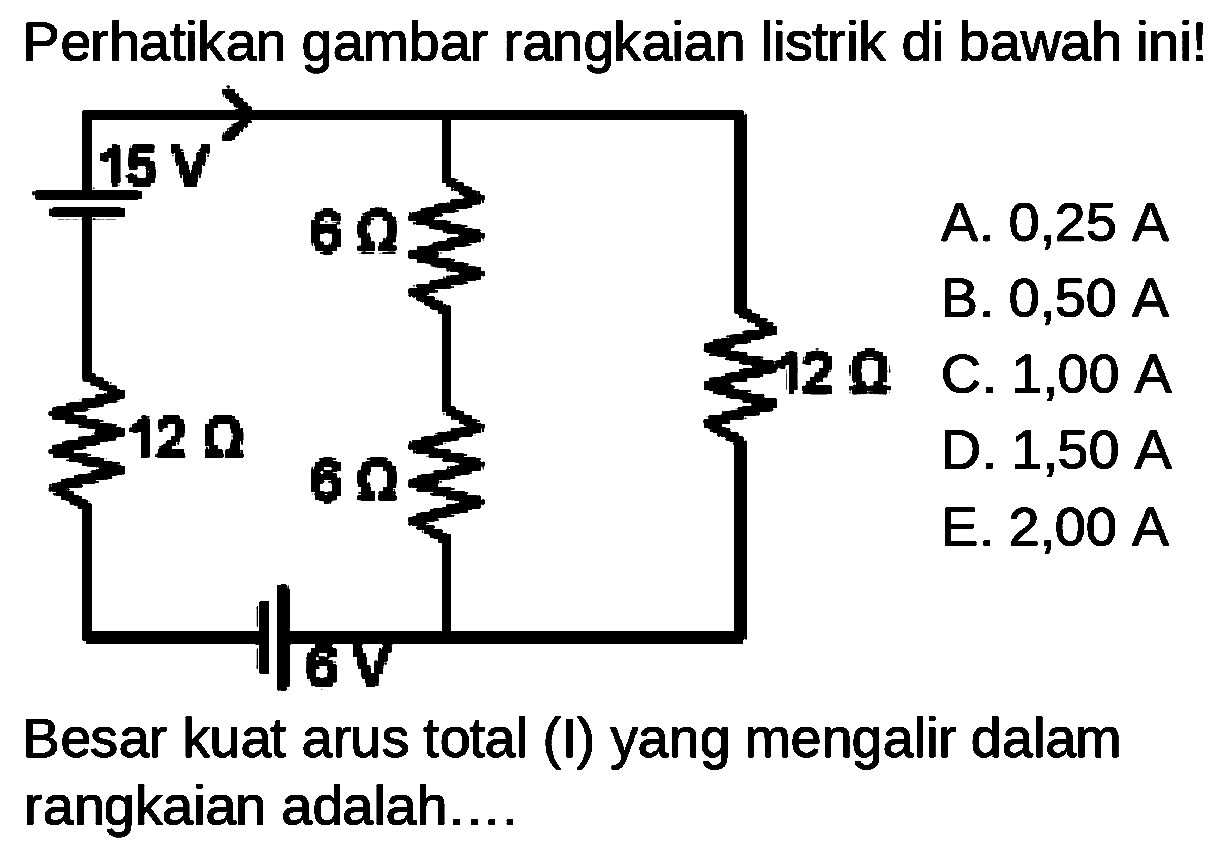 Perhatikan gambar rangkaian listrik di bawah ini! 15 V 6 ohm 12 ohm 12 ohm 6 ohm 6 V Besar kuat arus total (I) yang mengalir dalam rangkaian adalah....A. 0,25 A B. 0,50 A C. 1,00 A D. 1,50 A E. 2,00 A 