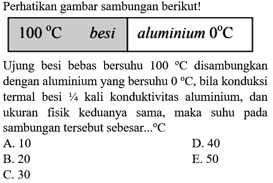 Perhatikan gambar sambungan berikut!
100 C   besi alumunium 0 C
Ujung besi bebas bersuhu 100 C disambungkan dengan aluminium yang bersuhu 0 C, bila konduksi termal besi 1/4 kali konduktivitas aluminium, dan ukuran fisik keduanya sama, maka suhu pada sambungan tersebut sebesar...C 