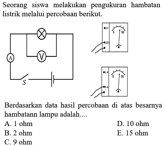 Seorang siswa melakukan pengukuran hambatan listrik melalui percobaan berikut.
1 V
0 50
10 V
1 A
A
S
0 50
5 A
Berdasarkan data hasil percobaan di atas besarnya hambatann lampu adalah....
