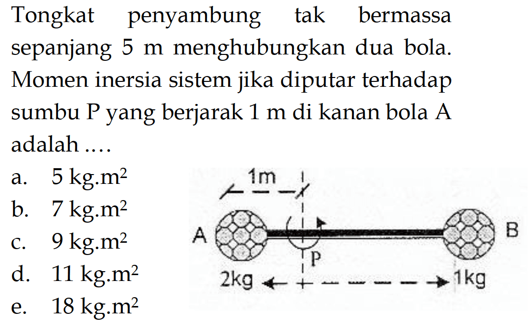 Tongkat penyambung tak bermassa sepanjang 5 m menghubungkan dua bola. Momen inersia sistem jika diputar terhadap sumbu P yang berjarak 1 m di kanan bola A adalah ...