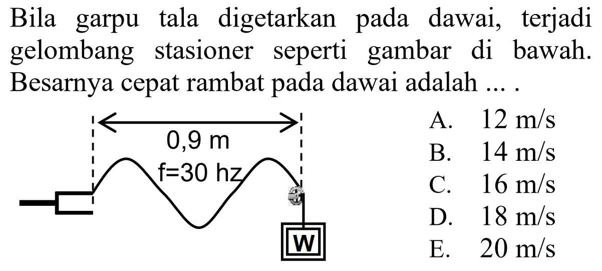 Bila garpu tala digetarkan pada dawai, terjadi gelombang stasioner seperti gambar di bawah. Besarnya cepat rambat pada dawai adalah ....
A.  12 m / s  B.  14 m / s  C.  16 m / s  D.  18 m / s  E.  20 m / s 