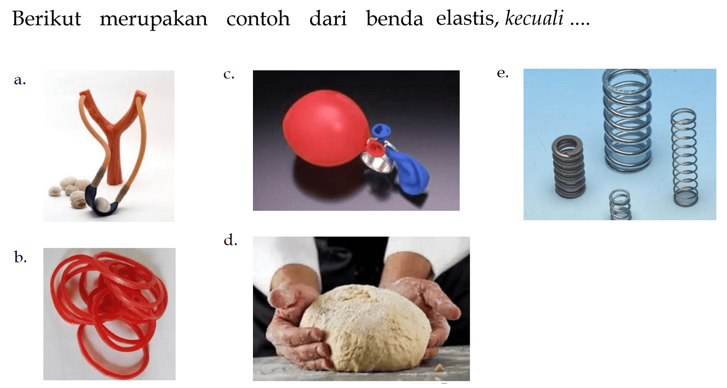 Berikut merupakan contoh dari benda elastis, kecuali....a. c. e.b. d. 