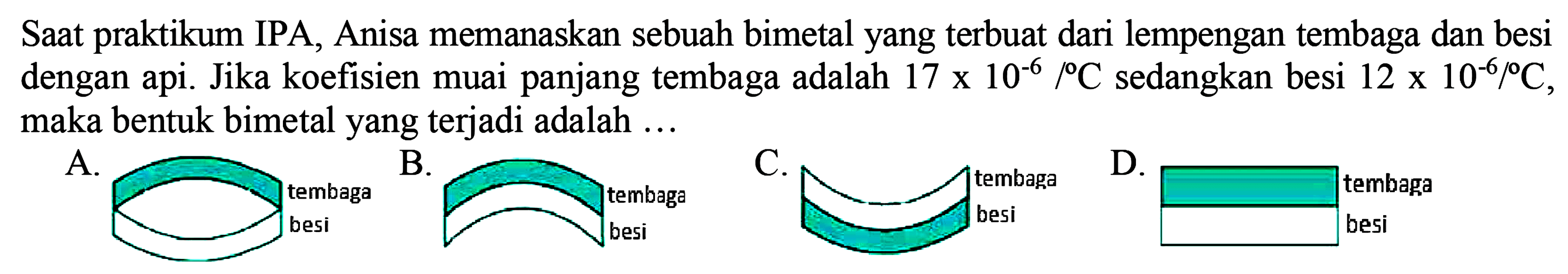 Saat praktikum IPA, Anisa memanaskan sebuah bimetal yang terbuat dari lempengan tembaga dan besi dengan api. Jika koefisien muai panjang tembaga adalah 17 x 10^(-6) /C sedangkan besi 12 x 10^(-6) /C, maka bentuk bimetal yang terjadi adalah ...