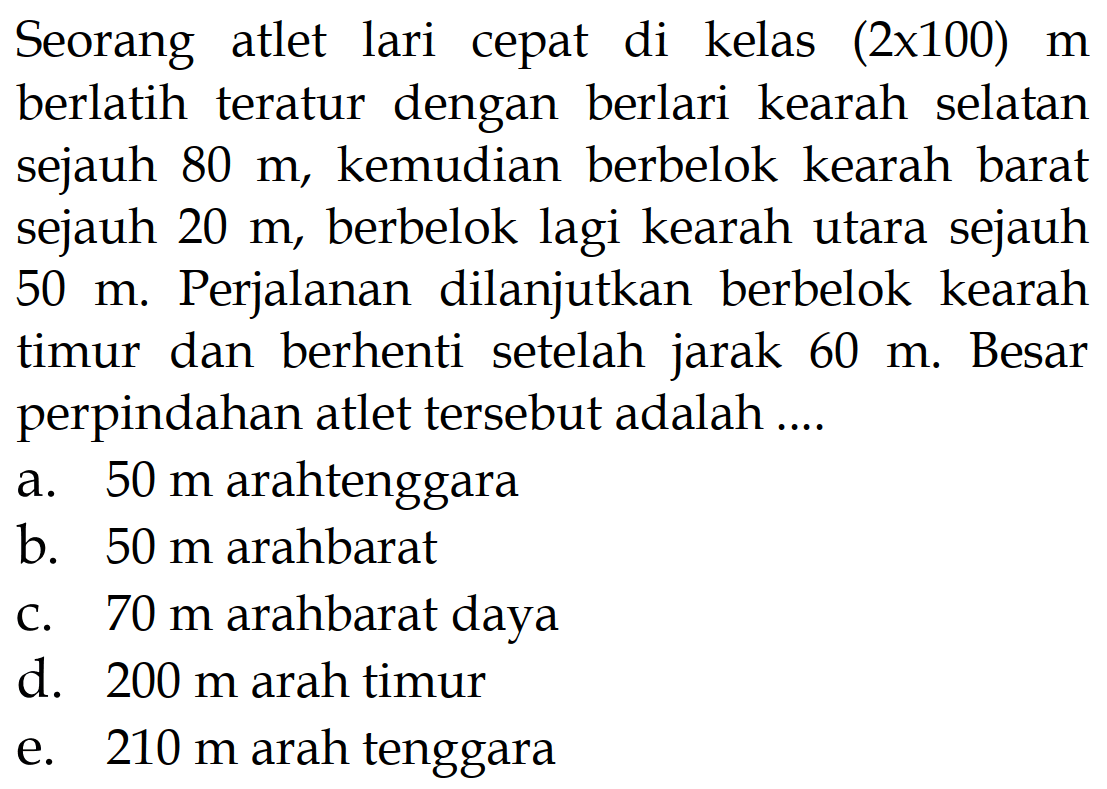 Seorang atlet lari cepat di kelas (2x100) m berlatih teratur dengan berlari kearah selatan sejauh 80 m, kemudian berbelok kearah barat sejauh 20 m, berbelok lagi kearah utara sejauh 50 m. Perjalanan dilanjutkan berbelok kearah timur dan berhenti setelah jarak 60 m. Besar perpindahan atlet tersebut adalah ....