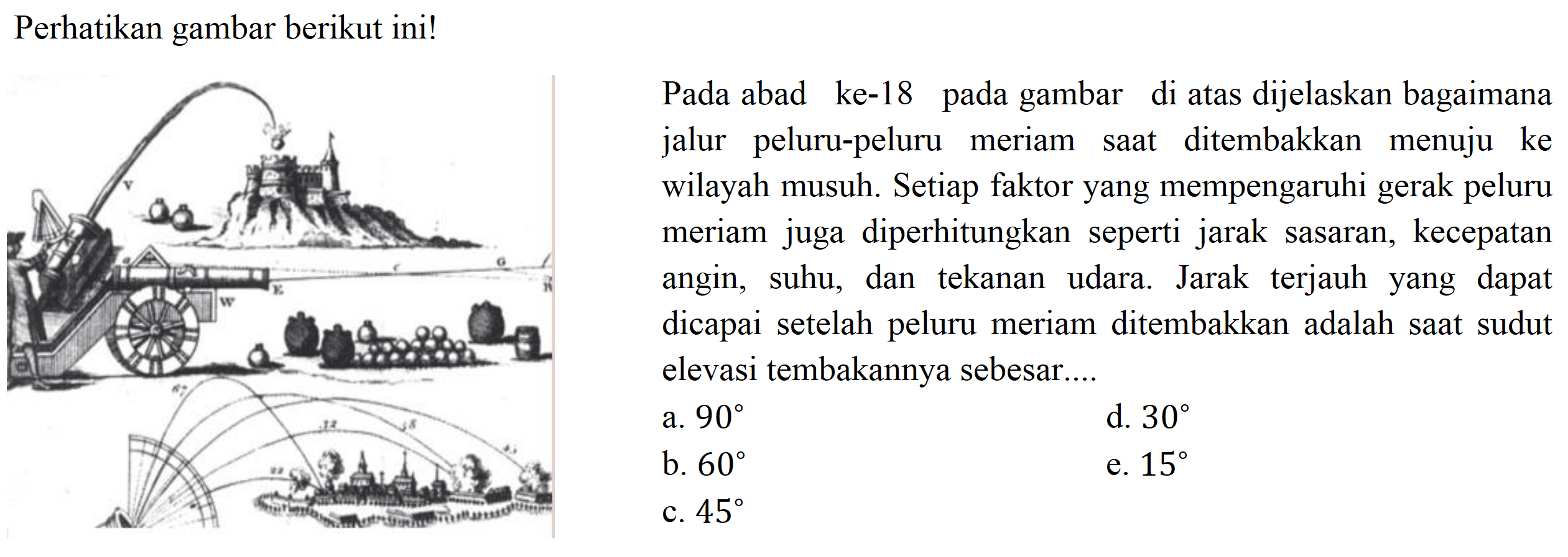 Perhatikan gambar berikut ini! Pada abad ke-18 pada gambar di atas dijelaskan bagaimana jalur peluru-peluru meriam saat ditembakkan menuju ke wilayah musuh. Setiap faktor yang mempengaruhi gerak peluru meriam juga diperhitungkan seperti jarak sasaran, kecepatan angin, suhu, dan tekanan udara. Jarak terjauh yang dapat dicapai setelah peluru meriam ditembakkan adalah saat sudut elevasi tembakannya sebesar.... 