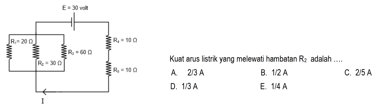 E = 30 volt R1 = 20 Ohm R2 = 30 Ohm R3 = 60 Ohm R4 = 10 Ohm R5 = 10 Ohm I 
Kuat arus listrik yang melewati hambatan R2 adalah ....