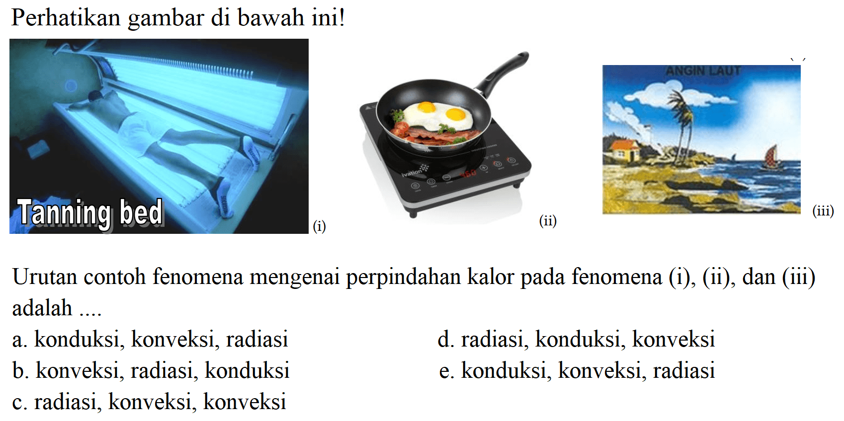 Urutan contoh fenomena mengenai perpindahan kalor pada fenomena (i),(ii),(iii) adalah....