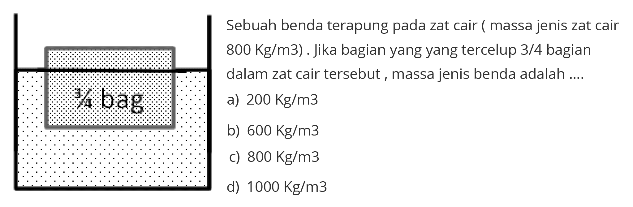 Sebuah benda terapung pada zat cair ( massa jenis zat cair  800 Kg/m^3 ). Jika bagian yang yang tercelup  3 / 4  bagian dalam zat cair tersebut, massa jenis benda adalah ....
a)  200 Kg/m^3
b)  600 Kg/m^3
c)  800 Kg/m^3
d)  1000 Kg/m^3