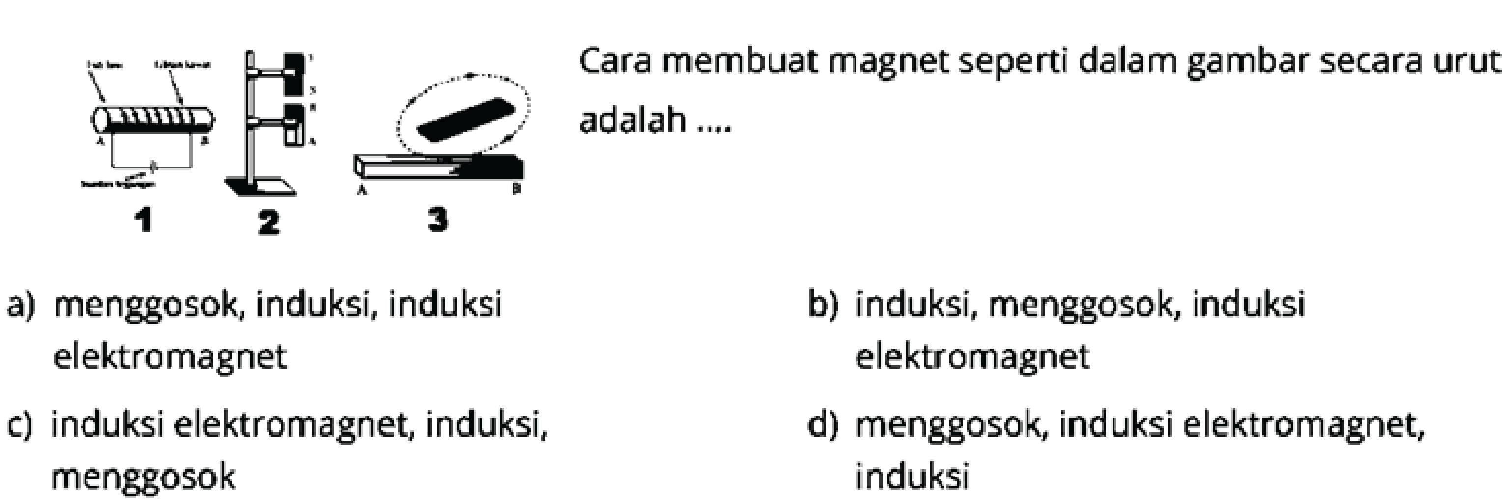 Cara membuat magnet seperti dalam gambar secara urut adalah .... 1 2 3