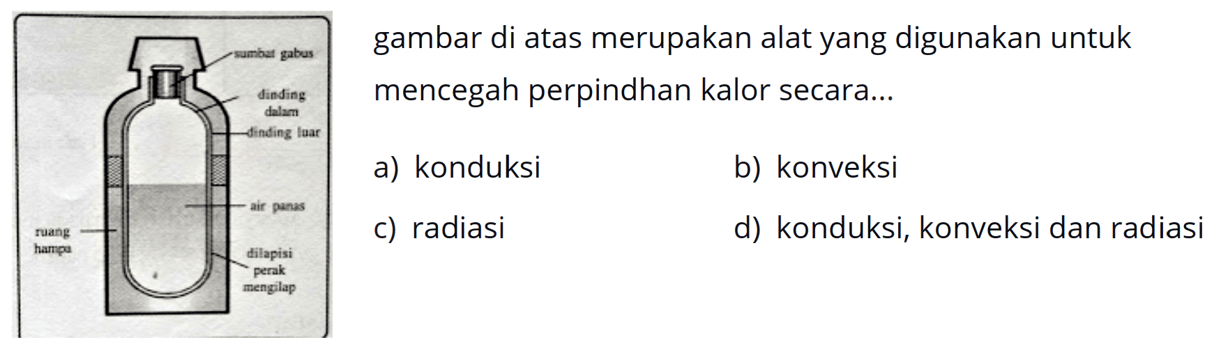 Gambar di atas merupakan alat yang digunakan untuk mencegah kalor secara ...
a. konduksi
b. konveksi
c. radiasi
d. konduksi, konveksi, dan radiasi