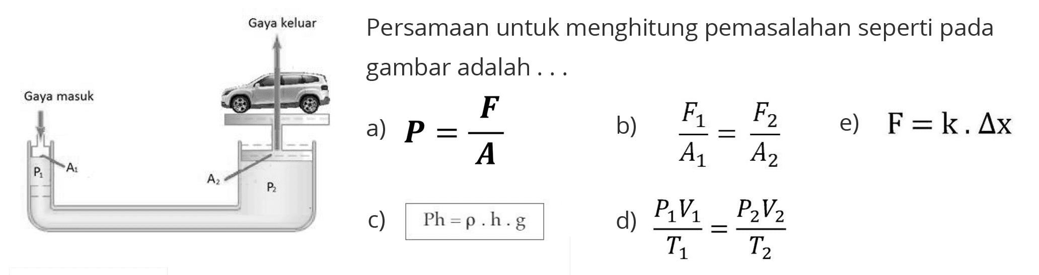 Gaya keluar PersamAn untuk menghitung pemasalahan seperti pada
b)  F1/A1=F2/A2   e)  F=k . segitiga x 
C)   Ph=rho . h . g 
d)  (P1V1)/(T1)=(P2V2)/(T2) 