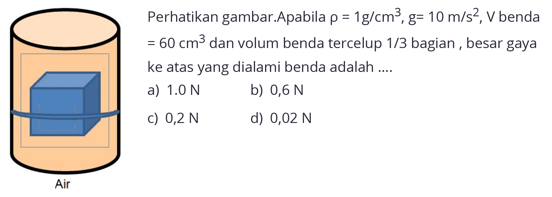 Perhatikan gambar. Apabila rho = 1 g/cm^3, g = 10 m/s^2, V benda = 60 cm^3 dan volum benda tercelup 1/3 bagian, besar gaya ke atas yang dialami benda adalah .... 
Air