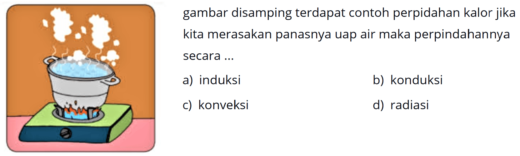 gambar disamping terdapat contoh perpidahan kalor jika kita merasakan panasnya uap air maka perpindahannya secara ...
