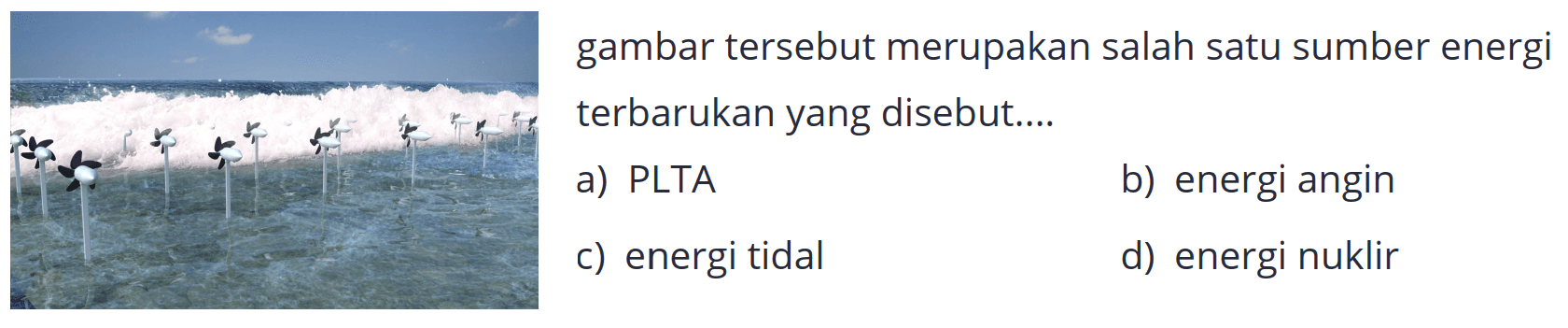 gambar tersebut merupakan salah satu sumber energi terbarukan yang disebut....
a) PLTA
b) energi angin
c) energi tidal
d) energi nuklir