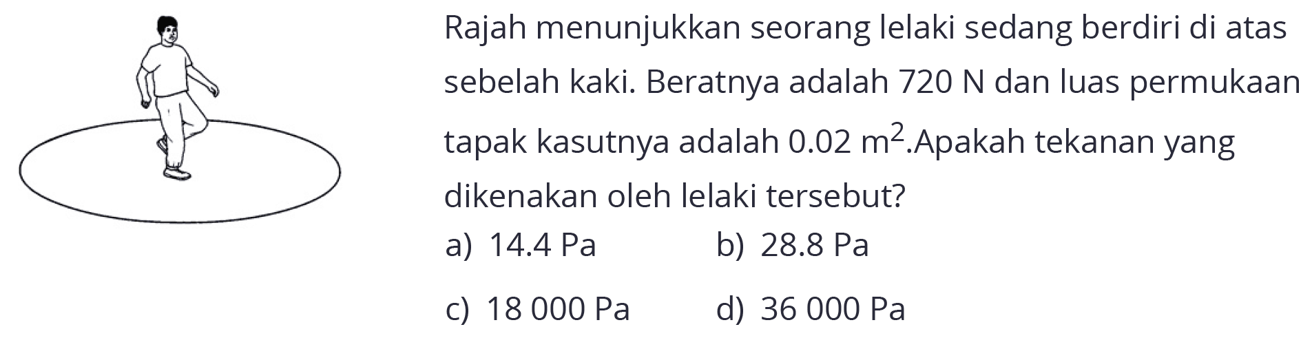 Rajah menunjukkan seorang lelaki sedang berdiri di atas sebelah kaki. Beratnya adalah 720 N dan luas permukaan tapak kasutnya adalah 0.02 m^2. Apakah tekanan yang dikenakan oleh lelaki tersebut?