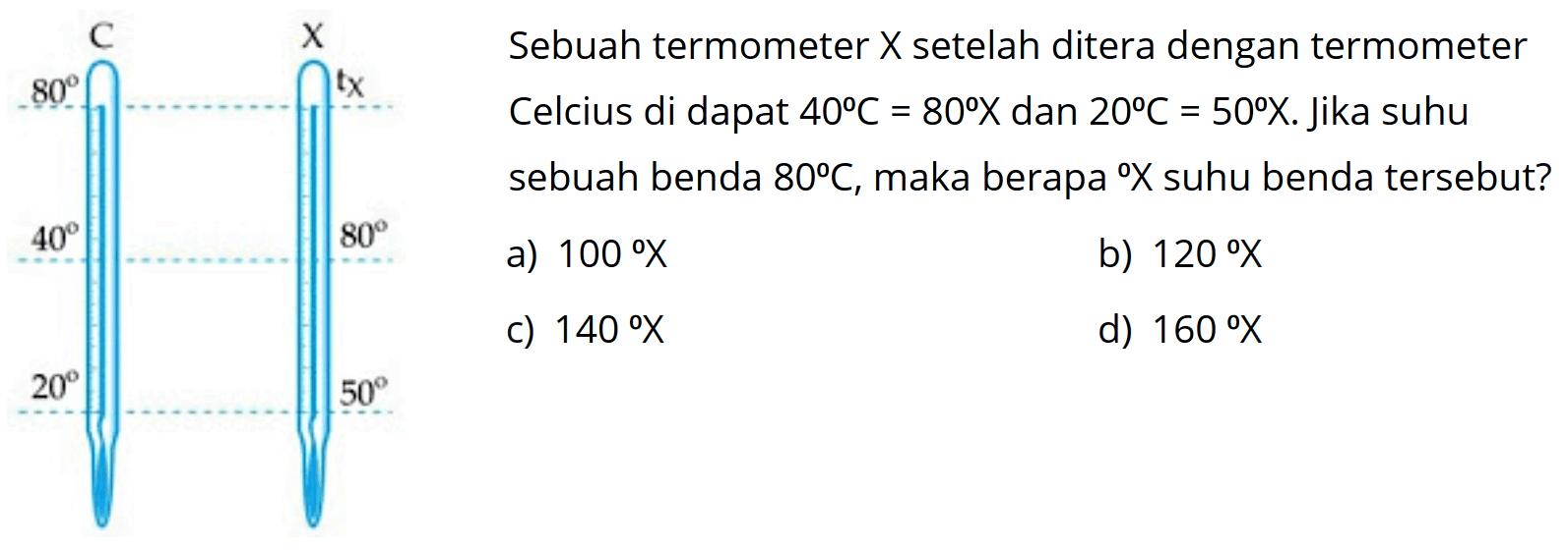 C X 80 tx 40 80 20 50
Sebuah termometer X  setelah ditera dengan termometer Celcius di dapat 40 C=80 X  dan 20 C=50 X .  Jika suhu sebuah benda 80 C,  maka berapa X  suhu benda tersebut? 