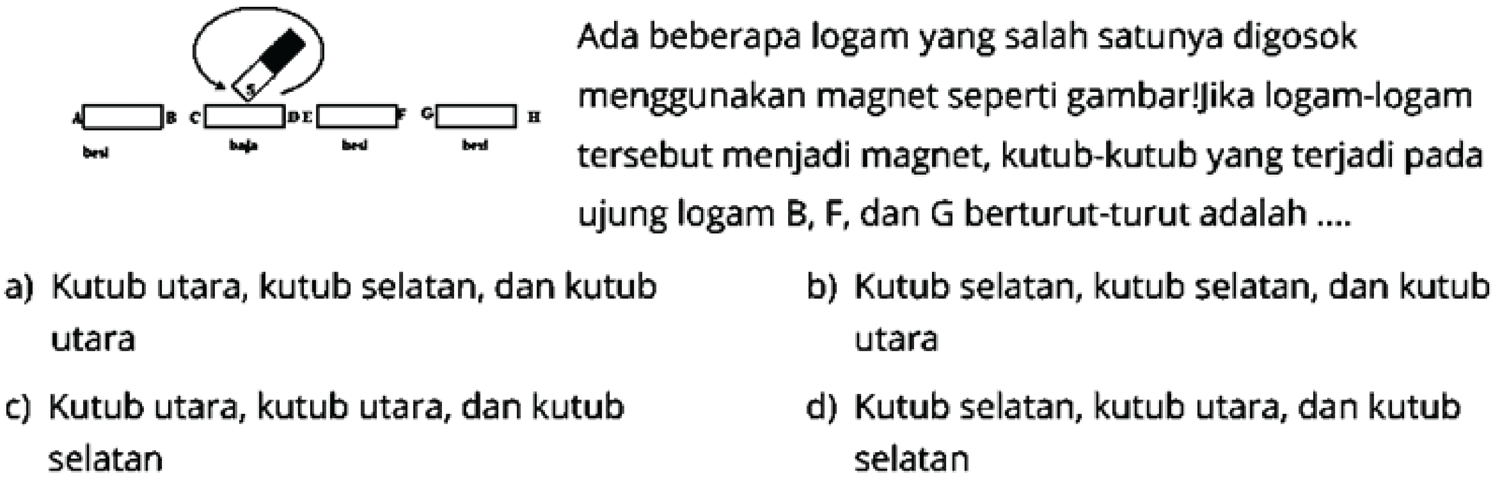 Ada beberapa logam yang salah satunya digosok menggunakan magnet seperti gambar!Jika logam-logam tersebut menjadi magnet, kutub-kutub yang terjadi pada ujung logam B, F, dan G berturut-turut adalah ....
a) Kutub utara, kutub selatan, dan kutub
b) Kutub selatan, kutub selatan, dan kutub utara utara
c) Kutub utara, kutub utara, dan kutub
d) Kutub selatan, kutub utara, dan kutub selatan selatan