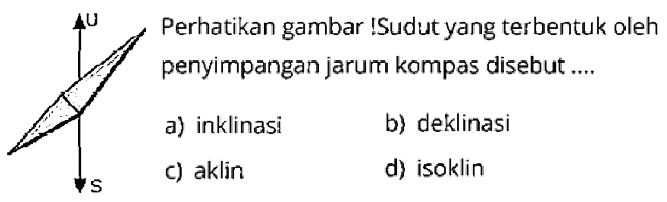 Perhatikan gambar !Sudut yang terbentuk oleh penyimpangan jarum kompas disebut .... 
U 
S 
a) inklinasi 
b) deklinasi 
c) aklin 
d) isoklin 