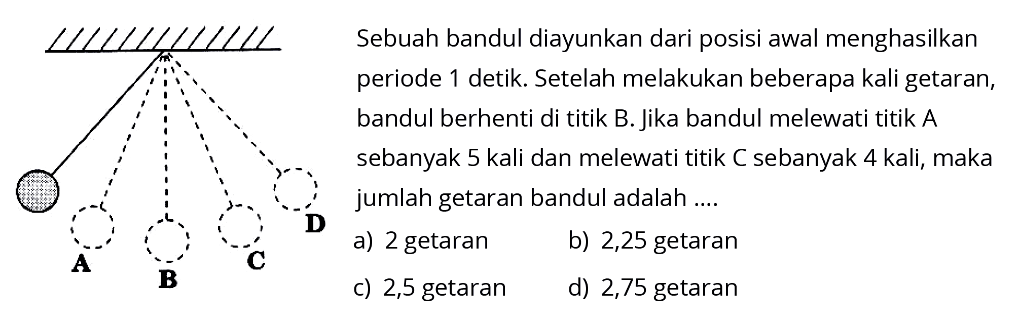 A B C D 
 Sebuah bandul diayunkan dari posisi awal menghasilkan periode 1 detik. Setelah melakukan beberapa kali getaran, bandul berhenti di titik B. Jika bandul melewati titik  A  sebanyak 5 kali dan melewati titik C sebanyak 4 kali, maka jumlah getaran bandul adalah ....
