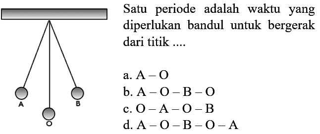 Satu periode adalah waktu yang diperlukan bandul untuk bergerak dari titik ....
a.  A-\mathrm{O} 
b.  A-O-B-O 
c.  \mathrm{O}-A-\mathrm{O}-\mathrm{B} 
d.  A-O-B-O-A 