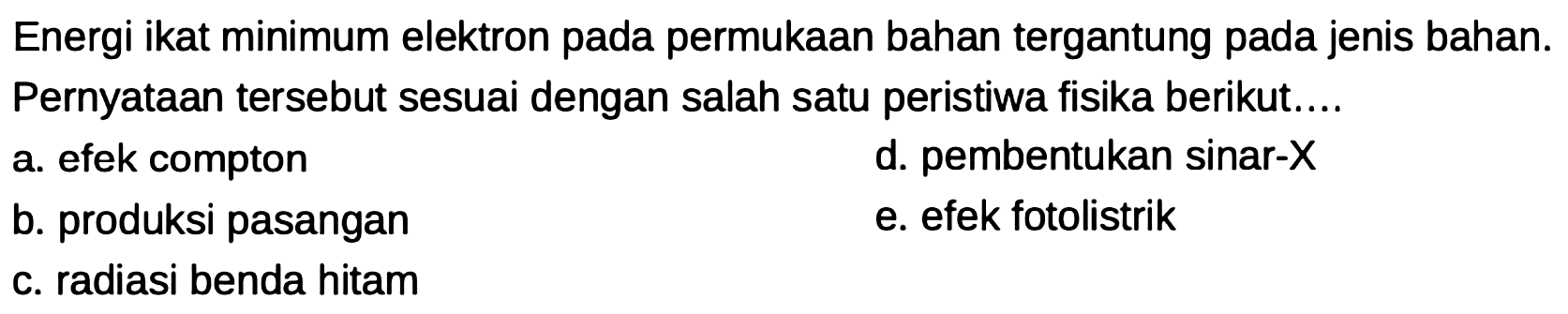 Energi ikat minimum elektron pada permukaan bahan tergantung pada jenis bahan. Pernyataan tersebut sesuai dengan salah satu peristiwa fisika berikut....
a. efek compton
d. pembentukan sinar-  X 
b. produksi pasangan
e. efek fotolistrik
c. radiasi benda hitam