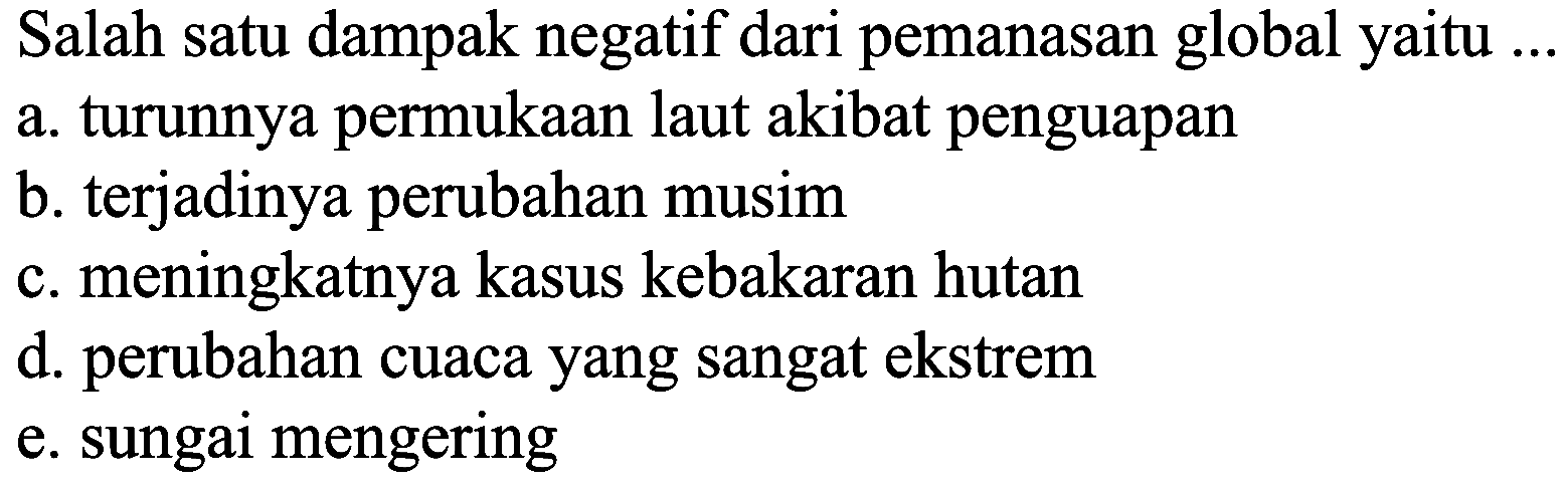 Salah satu dampak negatif dari pemanasan global yaitu ...
a. turunnya permukaan laut akibat penguapan
b. terjadinya perubahan musim
c. meningkatnya kasus kebakaran hutan
d. perubahan cuaca yang sangat ekstrem
e. sungai mengering