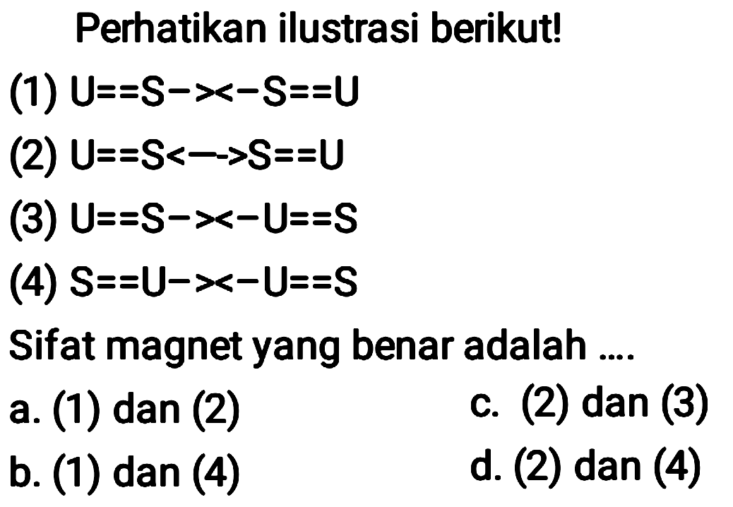 Perhatikan ilustrasi berikut!
(1)  U==S-><-S==U 
(2)  U==S right->-S S==U 
(3)  U==S->-U==S 
(4)  S==U->-U==S 
Sifat magnet yang benar adalah ....
