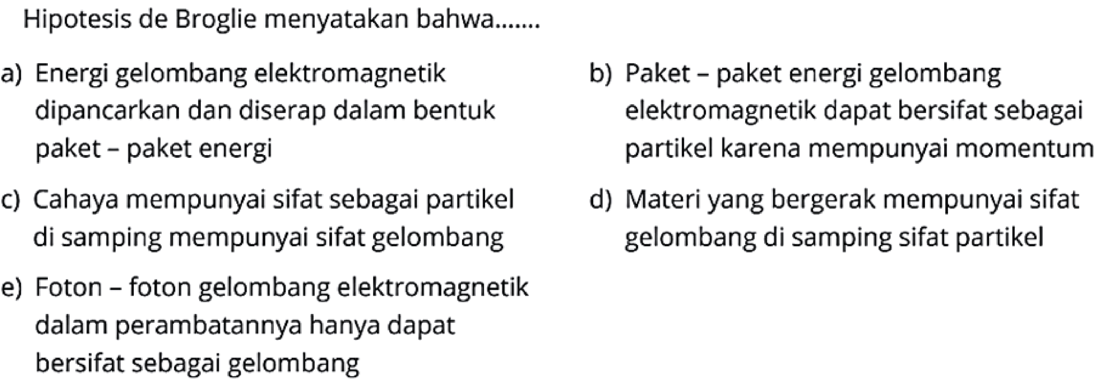 Hipotesis de Broglie menyatakan bahwa......
a) Energi gelombang elektromagnetik
b) Paket - paket energi gelombang
dipancarkan dan diserap dalam bentuk
elektromagnetik dapat bersifat sebagai
paket - paket energi
partikel karena mempunyai momentum
c) Cahaya mempunyai sifat sebagai partikel
d) Materi yang bergerak mempunyai sifat
di samping mempunyai sifat gelombang
gelombang di samping sifat partikel
e) Foton - foton gelombang elektromagnetik
dalam perambatannya hanya dapat
bersifat sebagai gelombang