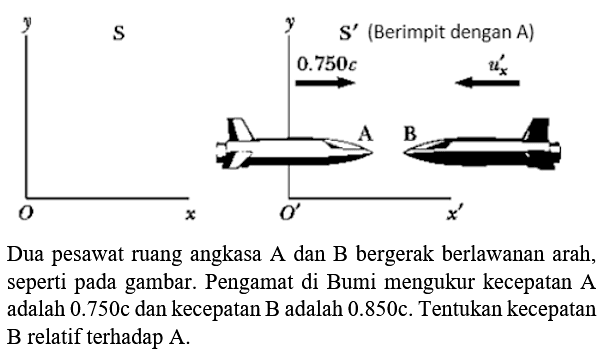 Dua pesawat ruang angkasa A dan B bergerak berlawanan arah, seperti pada gambar. Pengamat di Bumi mengukur kecepatan A adalah  0.750 C  dan kecepatan  \mathrm{B}  adalah  0.850 C . Tentukan kecepatan B relatif terhadap A.
