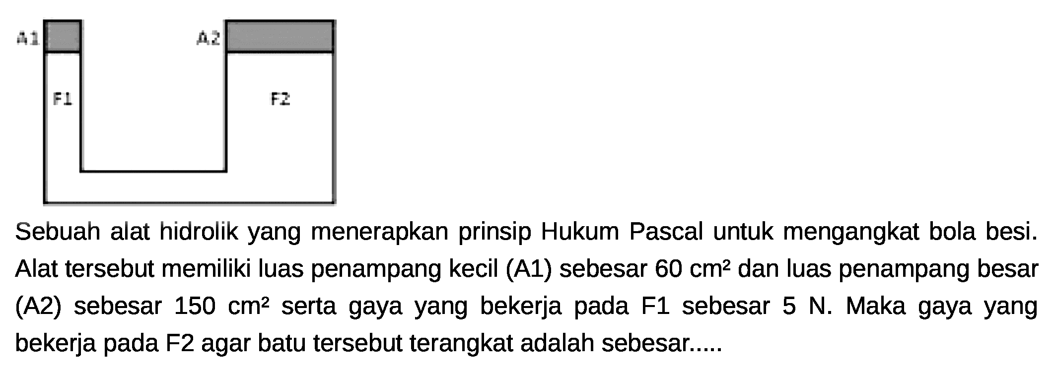 A1 F1 A2 F2 
Sebuah alat hidrolik yang menerapkan prinsip Hukum Pascal untuk mengangkat bola besi. Alat tersebut memiliki luas penampang kecil (A1) sebesar 60 cm^2 dan luas penampang besar (A2) sebesar 150 cm^2 serta gaya yang bekerja pada F1 sebesar 5 N. Maka gaya yang bekerja pada F2 agar batu tersebut terangkat adalah sebesar.....