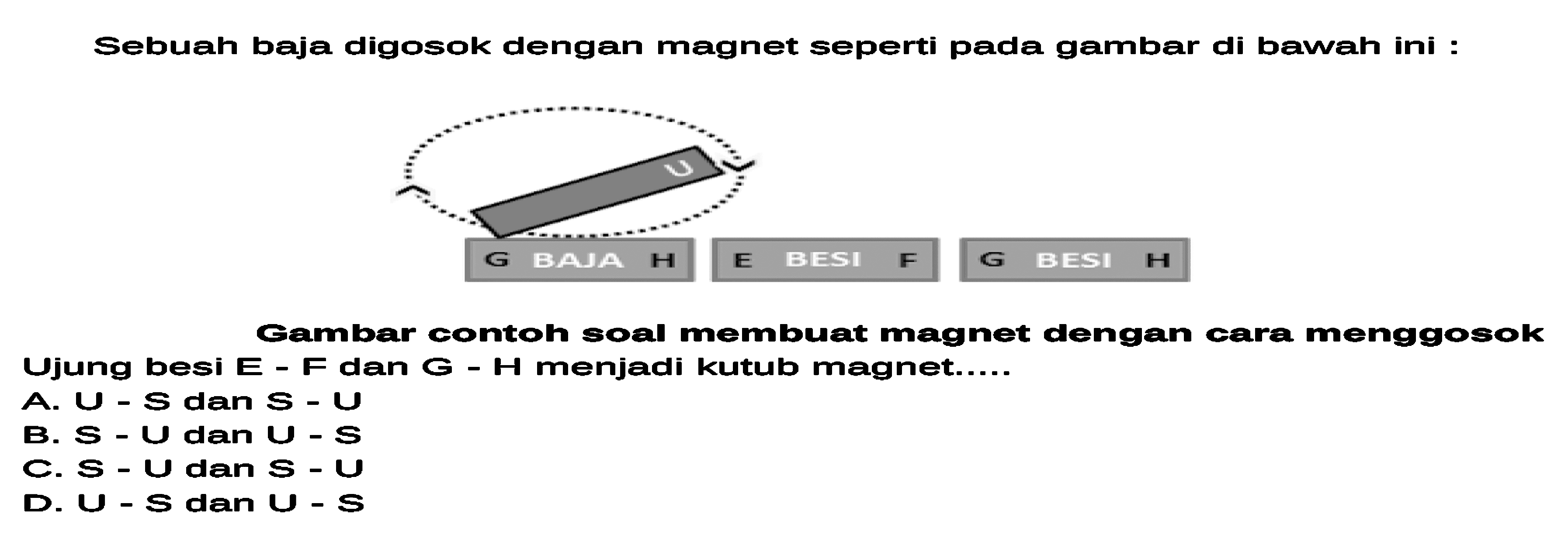 Sebuah baja digosok dengan magnet seperti pada gambar di bawah ini :
Gambar contoh soal membuat magnet dengan cara menggosok Ujung besi E - F dan G - H menjadi kutub magnet....
A.  U-S  dan  S-U 
B.  S-U  dan  U-S 
C.  S-U  dan  S-U 
D.  u-S  dan  u-S 