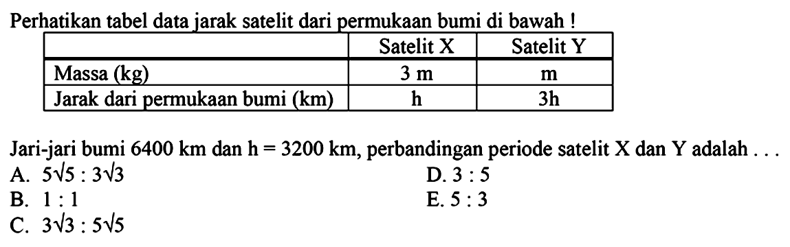 Perhatikan tabel data jarak satelit dari permukaan bumi di bawah !
\begin{tabular}/{|l|c|c|}
\hline & Satelit X & Satelit Y 
\hline Massa (kg) &  3 m  &  m  
\hline Jarak dari permukaan bumi (km) &  \mathrm{h}  &  3 \mathrm{~h}  
\hline
\end{tabular}
Jari-jari bumi  6400 km  dan  \mathrm{h}=3200 km , perbandingan periode satelit  \mathrm{X}  dan  \mathrm{Y}  adalah ...
A.  5 akar{5}: 3 akar{3} 
D.  3: 5 
B.  1: 1 
E.  5: 3 
C.  3 akar{3}: 5 akar{5} 