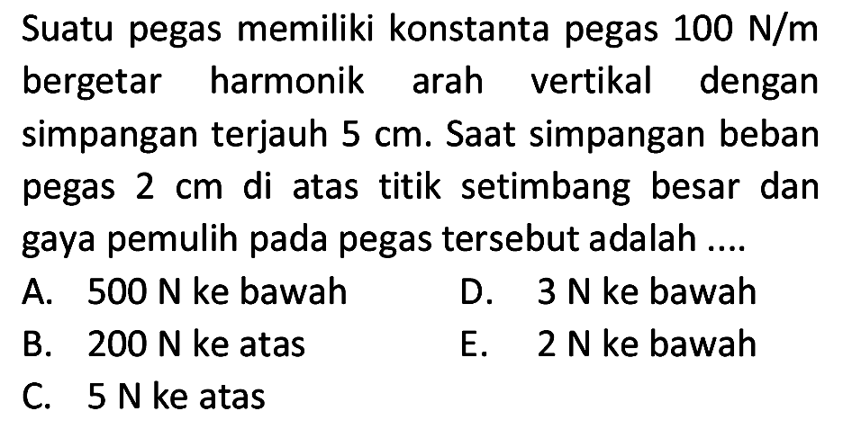 Suatu pegas memiliki konstanta pegas  100 ~N / m  bergetar harmonik arah vertikal dengan simpangan terjauh  5 cm . Saat simpangan beban pegas  2 cm  di atas titik setimbang besar dan gaya pemulih pada pegas tersebut adalah ....
A.  500 ~N  ke bawah
D.  3 ~N  ke bawah
B.  200 ~N  ke atas
E.  2 ~N  ke bawah
C.  5 ~N  ke atas