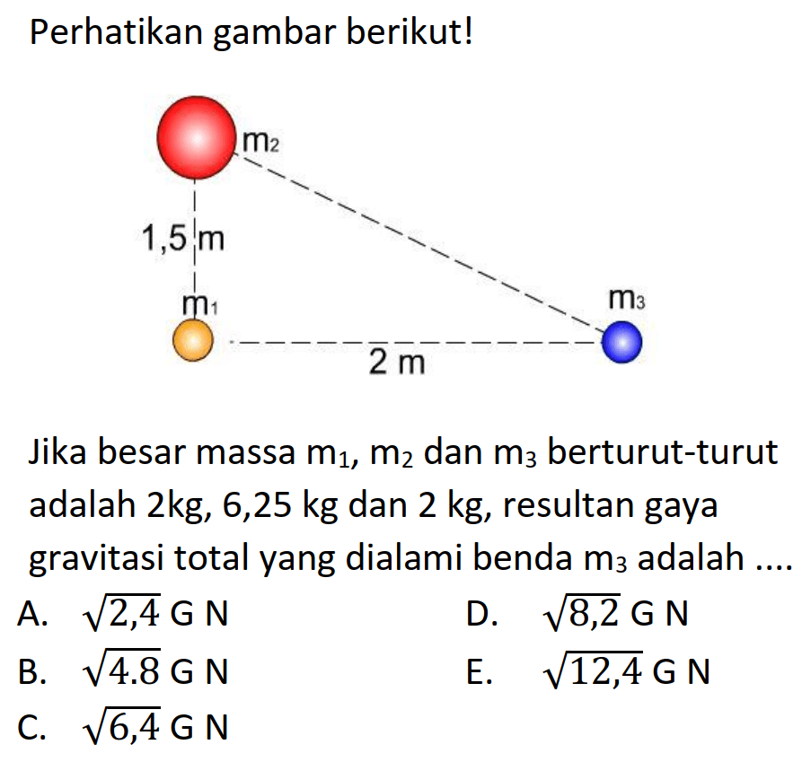 Perhatikan gambar berikut!
Jika besar massa  m1, m2  dan  m3  berturut-turut adalah  2 kg, 6,25 kg  dan  2 kg , resultan gaya gravitasi total yang dialami benda  m3  adalah ....
A.  akar(2,4) GN 
D.  akar(8,2) G N 
B.  akar(4.8) GN 
E.  akar(12,4)  G N
C.  akar(6,4) GN 