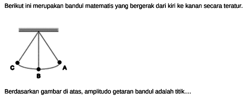 Berikut ini merupakan bandul matematis yang bergerak dari kiri ke kanan secara teratur.
Berdasarkan gambar di atas, amplitudo getaran bandul adalah titik....