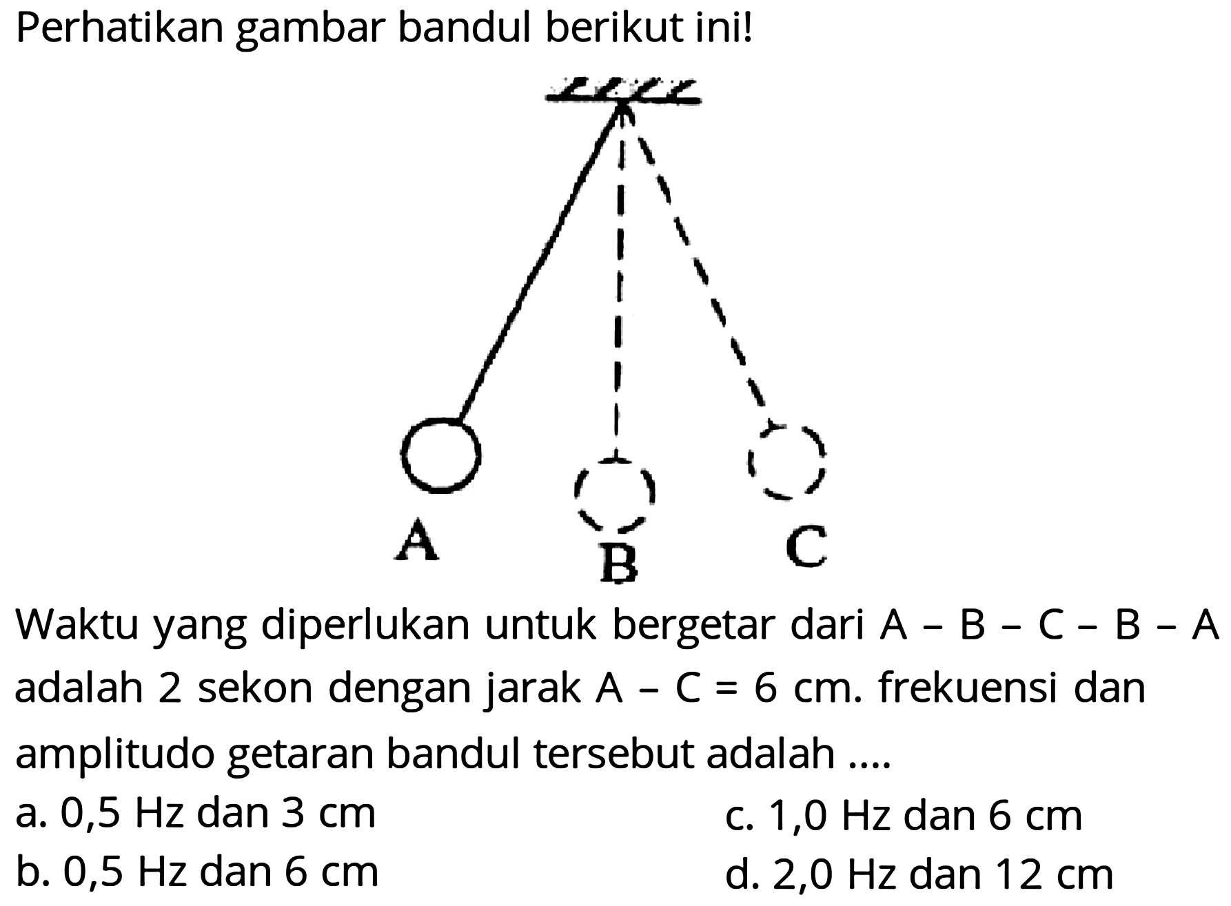 Perhatikan gambar bandul berikut ini!
Waktuyang dipertukan untuk bergetar dal A
Waktu yang diperlukan untuk bergetar dari  A-B-C-B-A  adalah 2 sekon dengan jarak  A-C=6 cm . frekuensi dan amplitudo getaran bandul tersebut adalah....
a.  0,5 Hz  dan  3 cm 
c.  1,0 Hz  dan  6 cm 
b.  0,5 Hz  dan  6 cm 
d.  2,0 Hz  dan  12 cm 