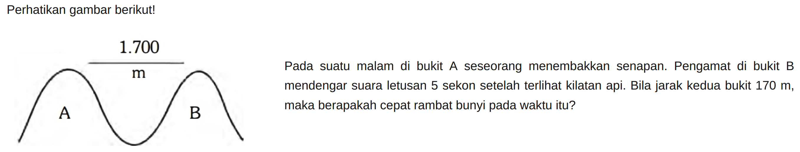 Perhatikan gambar berikut! Pada suatu malam di bukit A seseorang menembakkan senapan. Pengamat di bukit B mendengar suara letusan 5 sekon setelah terlihat kilatan api. Bila jarak kedua bukit  170 m , maka berapakah cepat rambat bunyi pada waktu itu?